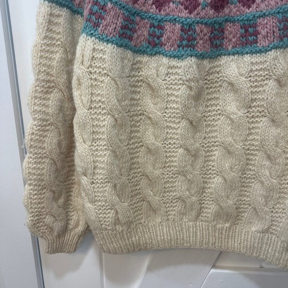 Fron Enterprises Hand Knit Sweater Large 100% Virgin Wool Canada Crew Cable Pink - Picture 4 of 6